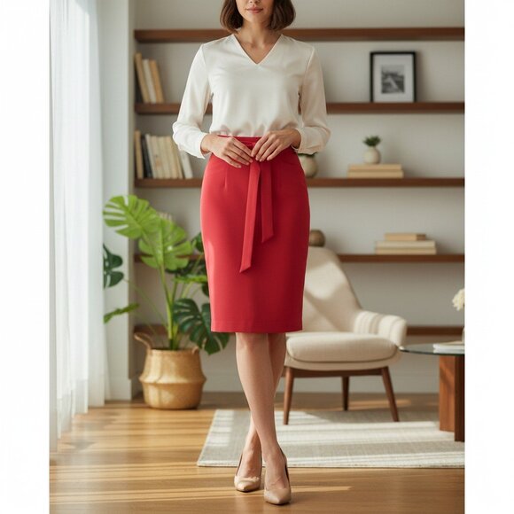 Banana Republic Jupe Petite Femme Taille 0 Rouge ceinturée - Picture 1 of 9